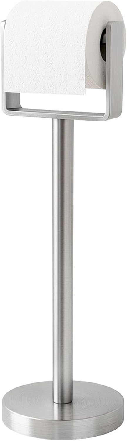 YUMORE Toilet Paper Holder Free Standing, Stainless Steel Toilet Paper Stand, Weighted Base Floor Tissue Roll Holder for Bathroom, Brushed Nickel 200UP