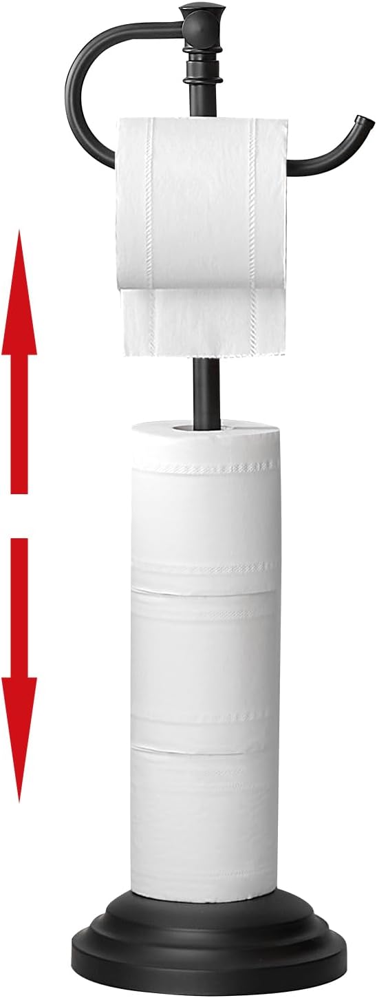 RUMOSE Toilet Paper Holder Stand for Floor, Oil Rubbed Bronze Adjustable (12.4" to 22.8") Bathroom Toilet Tissue Holder, Free Standing Toilet Paper Roll Holder with Storage, Stainless Steel