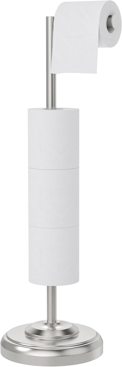 Toilet Paper Holder Stand, Brushed Nickel Toilet Paper Holder Free Standing, Post Pivoting Design & Stable Weighted Base SUS304 Stainless Steel for Bathroom(Mega Roll)