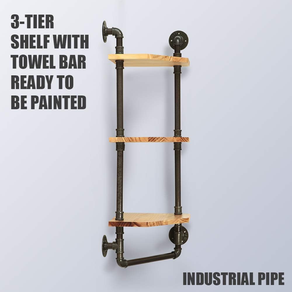 Industrial Pipe Shelf, Rustic Corner Shelves with Towel Bar,Bathroom Shelves Wall Mounted,3 Tiered Metal&Real Wood Home Decor Floating Shelves