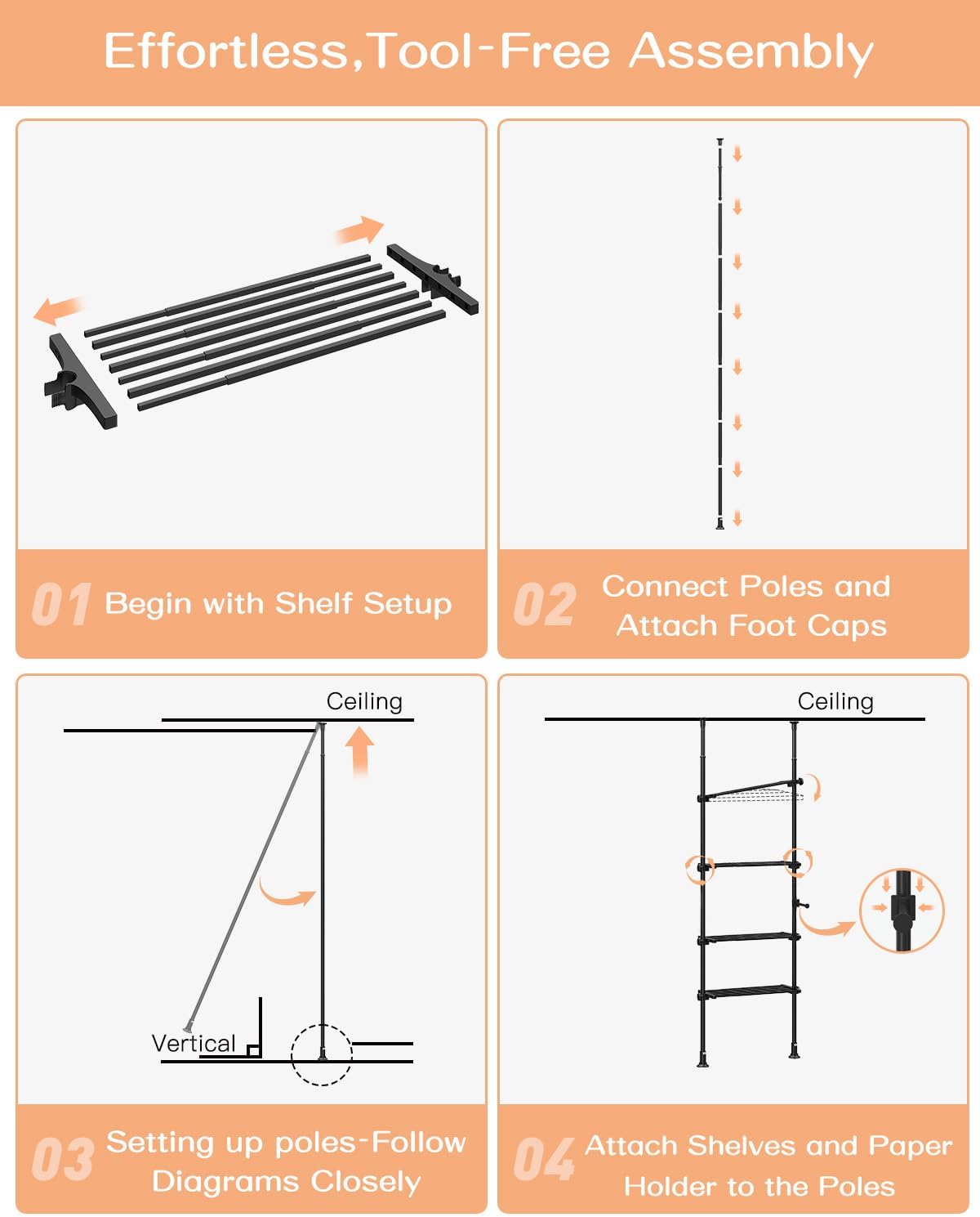 ALLZONE Adjustable Over The Toilet Storage Shelf, 4-Tier Ample Over Toilet Bathroom Organizer and Storage,Tension Mounted Above Toilet Storage Cabinet for Versatility, Fits 64-113 Inch Heights, Black