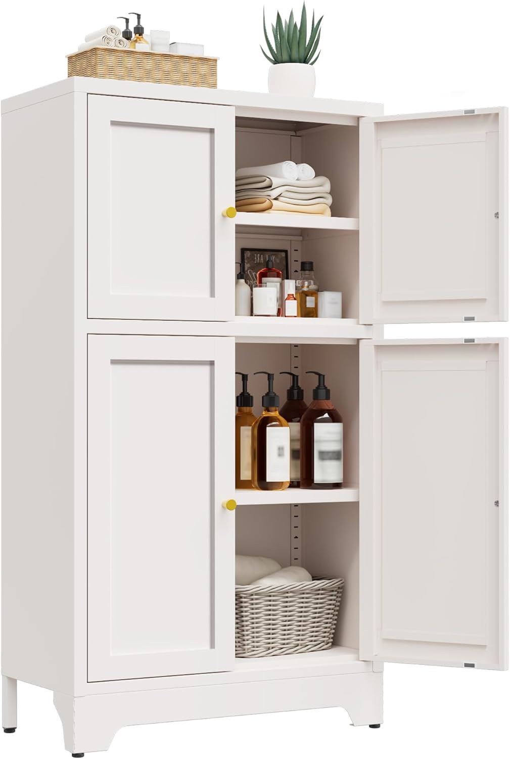 Metal Bathroom Floor Storage Cabinet,Small Storage Sideboard with 2 Doors and 2 Adjustable Shelves,Modern Storage Freestanding Organizer Rust-Proof Locker,Living Room,Hallway,White