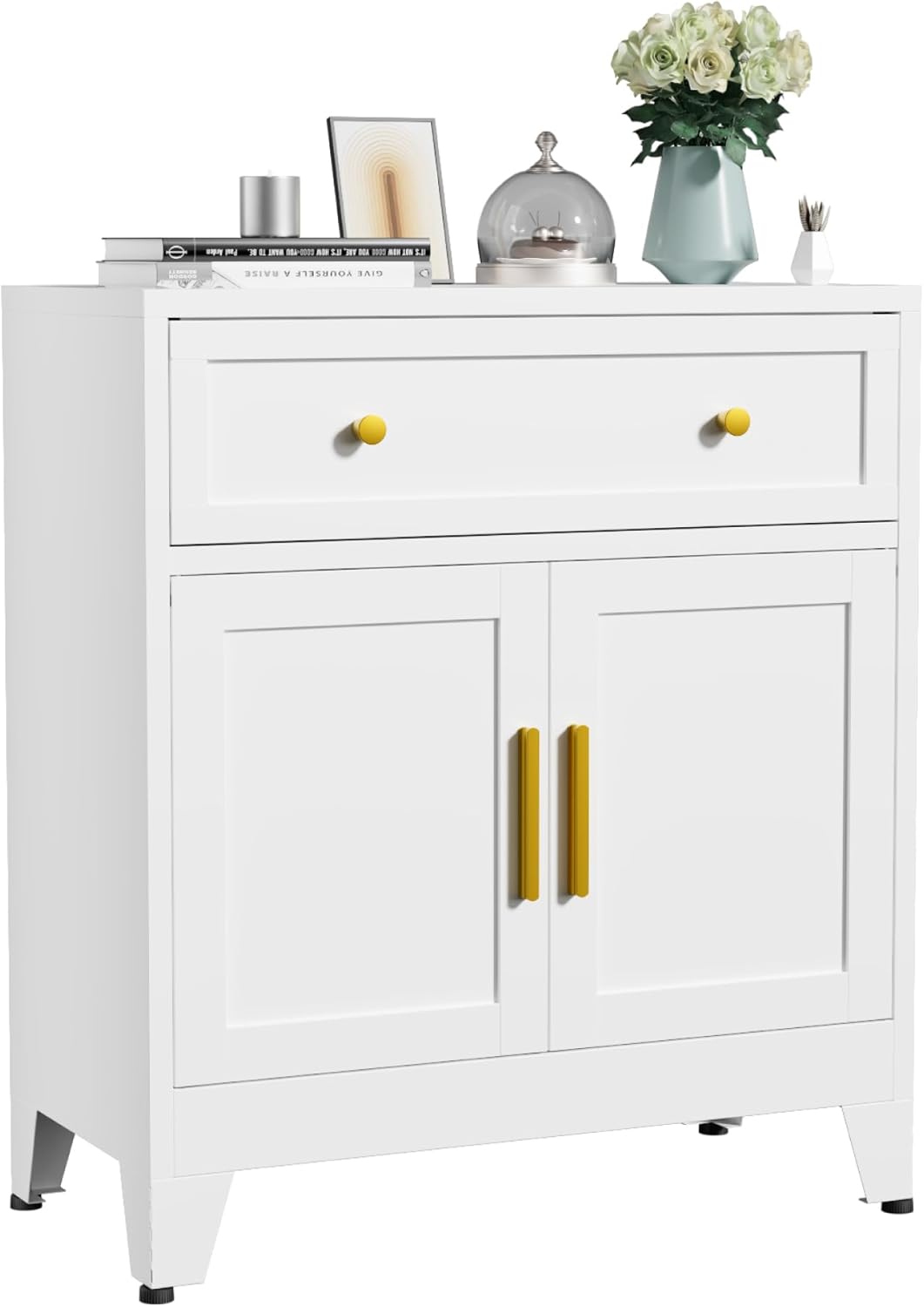 Metal Bathroom Floor Storage Cabinet,Small Storage Sideboard with 2 Doors and 2 Adjustable Shelves,Modern Storage Freestanding Organizer Rust-Proof Locker,Living Room,Hallway,White