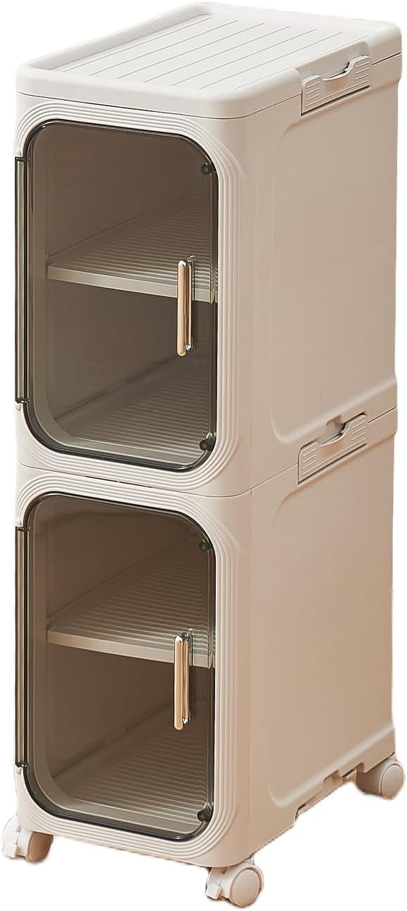 4-Tier Narrow Storage Cabinet with Magnetic Doors and Shelves, Plastic Slim Bathroom Organizers and Storage with Wheels for Small Spaces Bathroom, Kitchen, Laundry Room, White