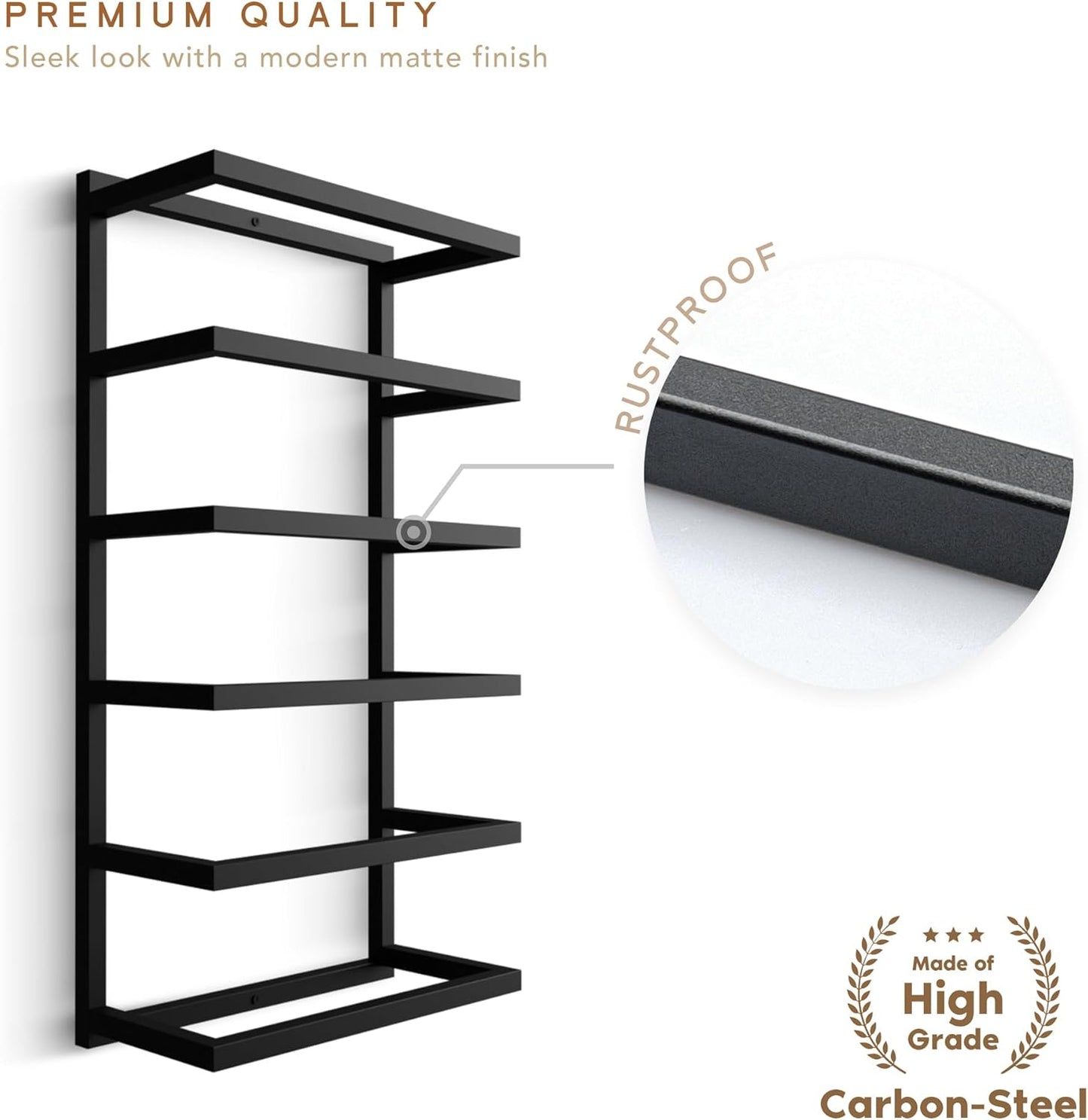 Modern 5-Tier/6-Tier Towel Rack - Wall-Mounted Black Metal Towel Shelf for Bathroom, Space-Saving Storage for Towels, Organizers, and Home Decor (6-Tier)