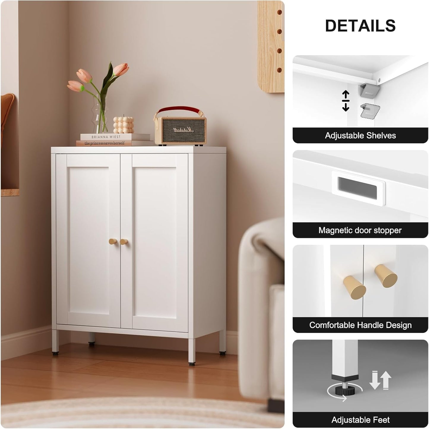 Metal Bathroom Floor Storage Cabinet,Small Storage Sideboard with 2 Doors and 2 Adjustable Shelves,Modern Storage Freestanding Organizer Rust-Proof Locker,Living Room,Hallway,White