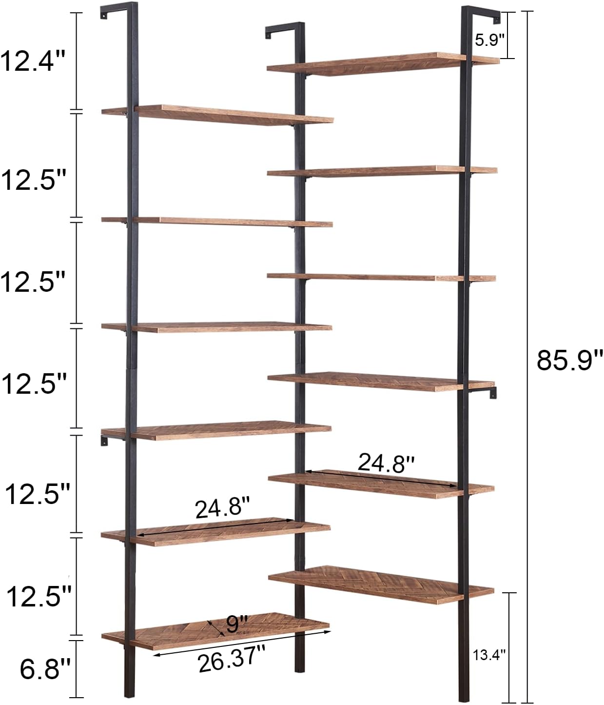 HOMISSUE Corner Bookshelf,12-Tier L Shaped Bookshelf, Double Wide Corner Wall Mount Bookcase with Metal Frame and Wood, Modern Industrial Corner Shelf for Living Room, Kitchen, Home Office Brown