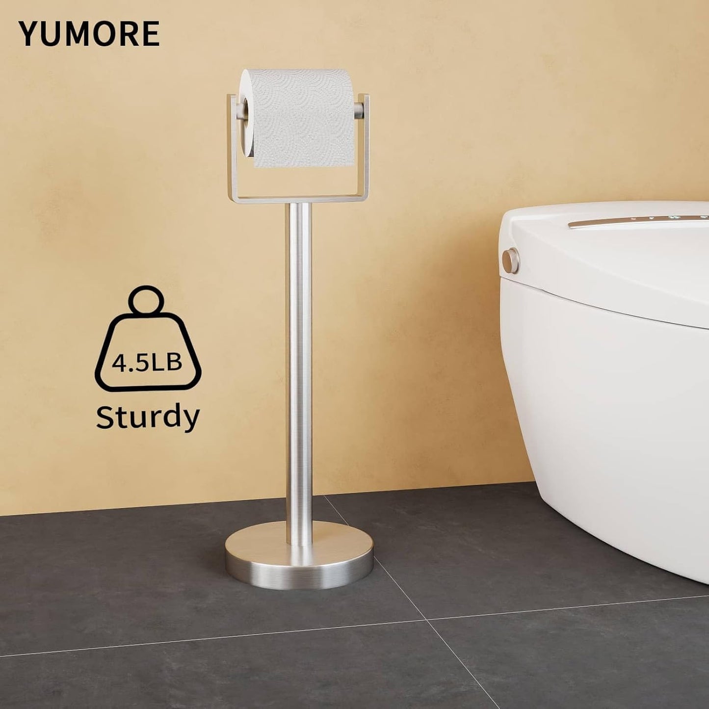 YUMORE Toilet Paper Holder Free Standing, Stainless Steel Toilet Paper Stand, Weighted Base Floor Tissue Roll Holder for Bathroom, Brushed Nickel 200UP