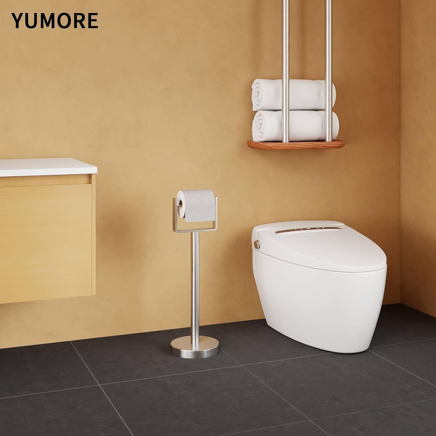 YUMORE Toilet Paper Holder Free Standing, Stainless Steel Toilet Paper Stand, Weighted Base Floor Tissue Roll Holder for Bathroom, Brushed Nickel 200UP
