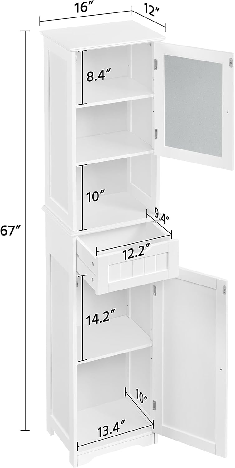Yaheetech Tall Bathroom Storage Cabinet 67″, Wooden Floor Cabinet with Glass Door, Freestanding StorageOrganizer with Adjustable Shelves, 1 Drawer and Open Storage for Bathroom, Kitchen, Living Room