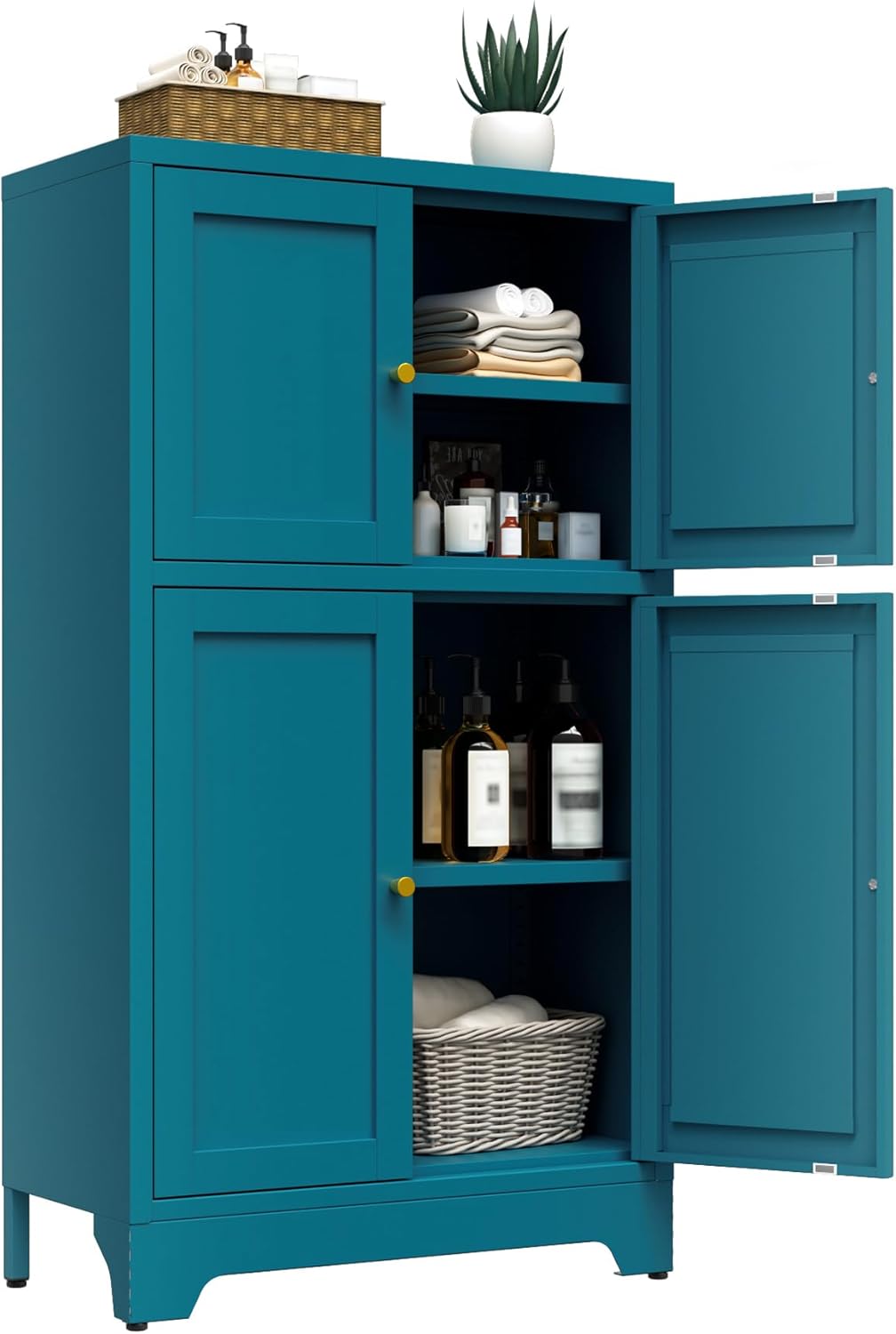 Metal Bathroom Floor Storage Cabinet,Small Storage Sideboard with 2 Doors and 2 Adjustable Shelves,Modern Storage Freestanding Organizer Rust-Proof Locker,Living Room,Hallway,White