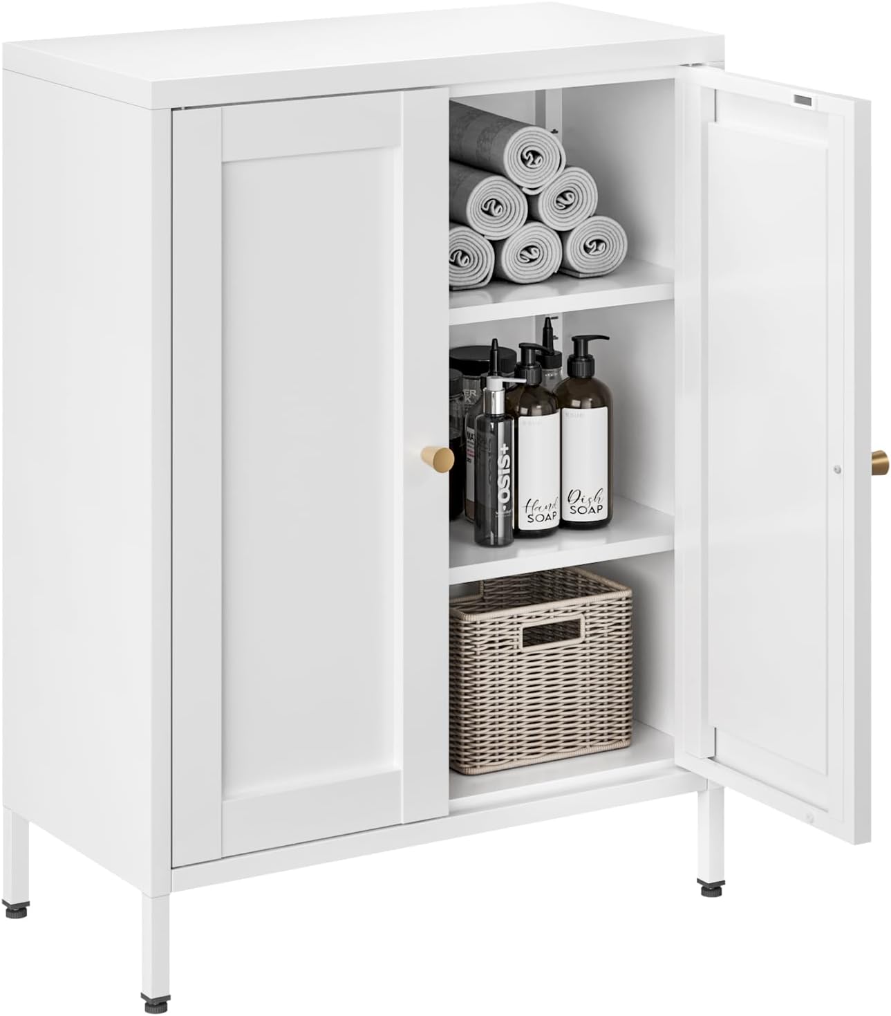 Metal Bathroom Floor Storage Cabinet,Small Storage Sideboard with 2 Doors and 2 Adjustable Shelves,Modern Storage Freestanding Organizer Rust-Proof Locker,Living Room,Hallway,White