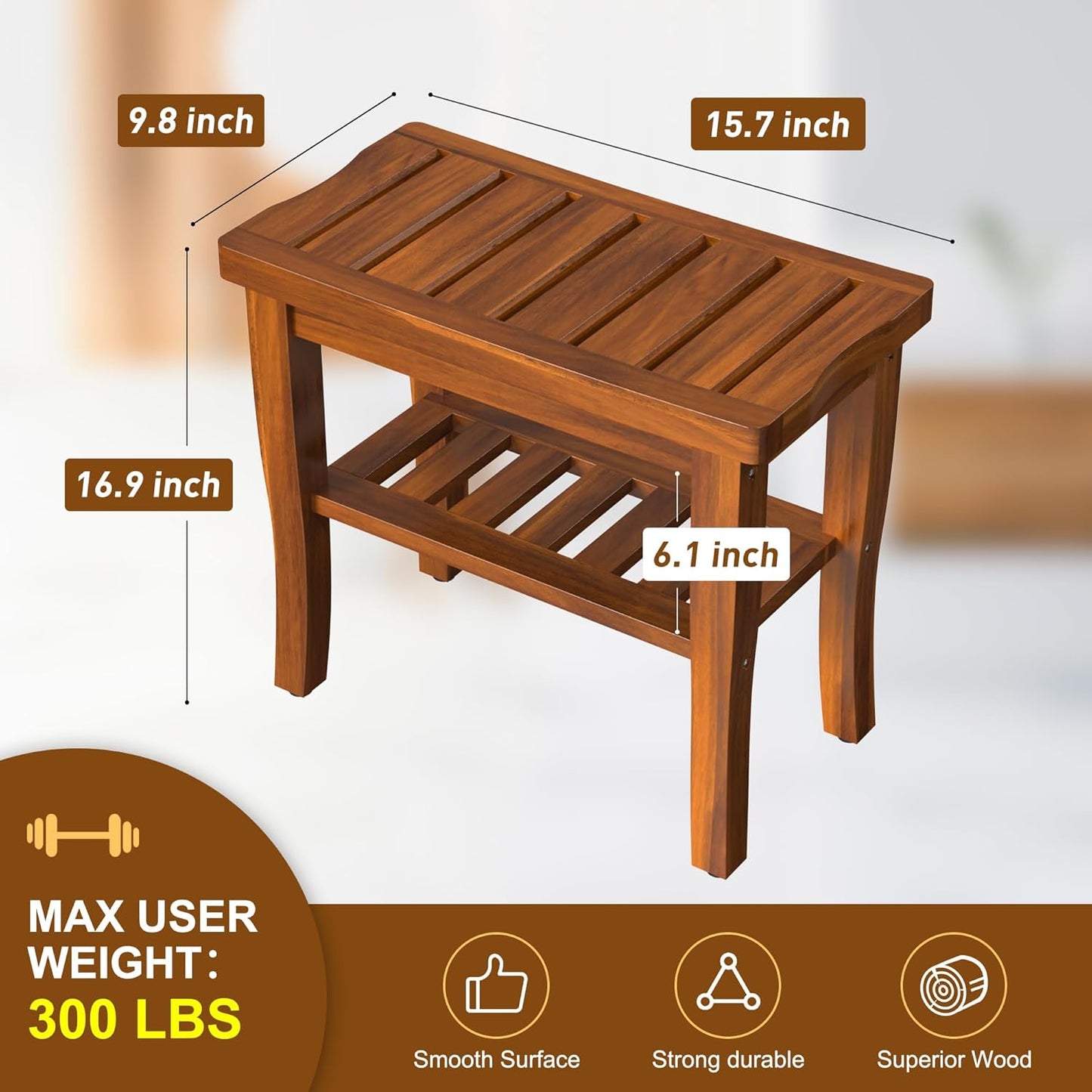 Teak Wood Shower Bench Stool with Storage Shelf, Wooden Waterproof Bathroom Spa Bathing Teak Shower Stool with Non-Slip Feet Gadget 2024 for Indoor or Outdoor Shower Chair Seat Organizer
