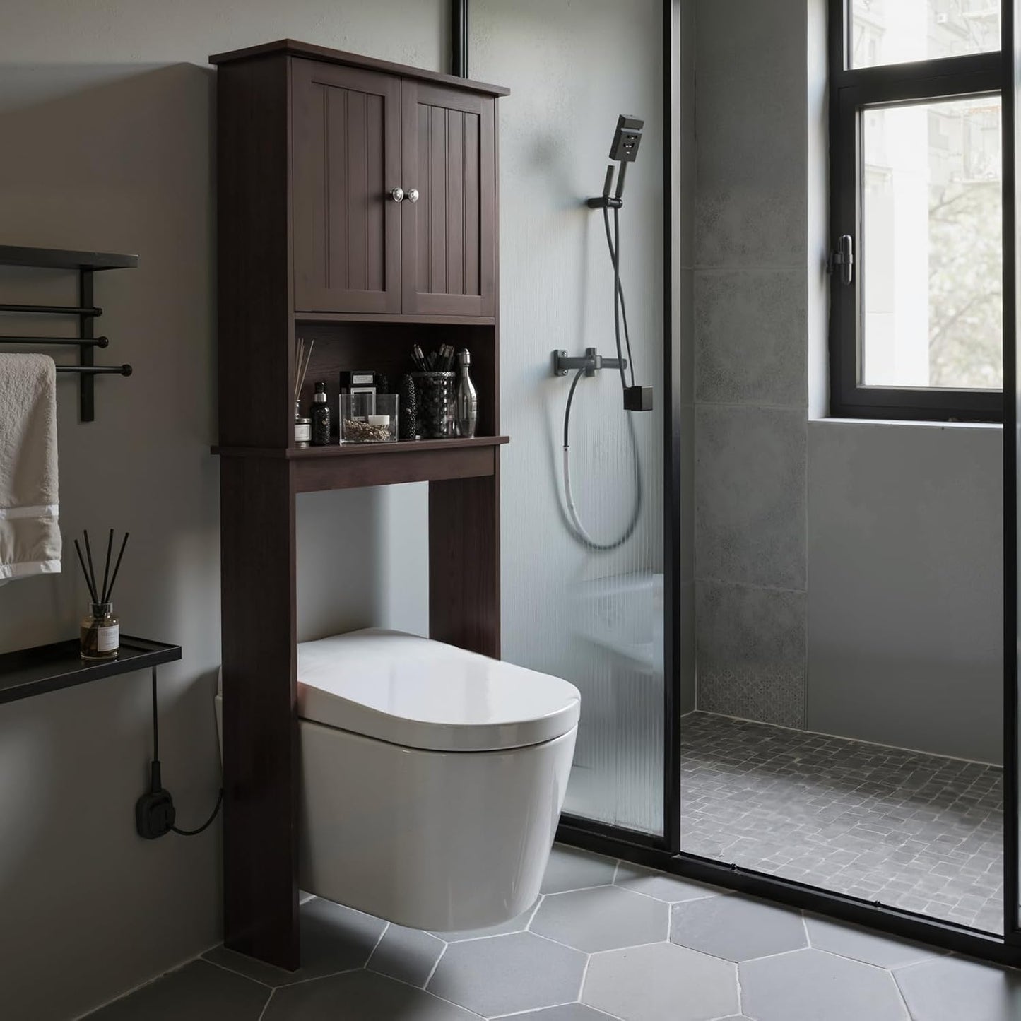 Over The Toilet Storage Cabinet, 3-Tier Bathroom Organizer with Rattan Door, Wooden Space Saver for Restroom, Bathroom, Laundry