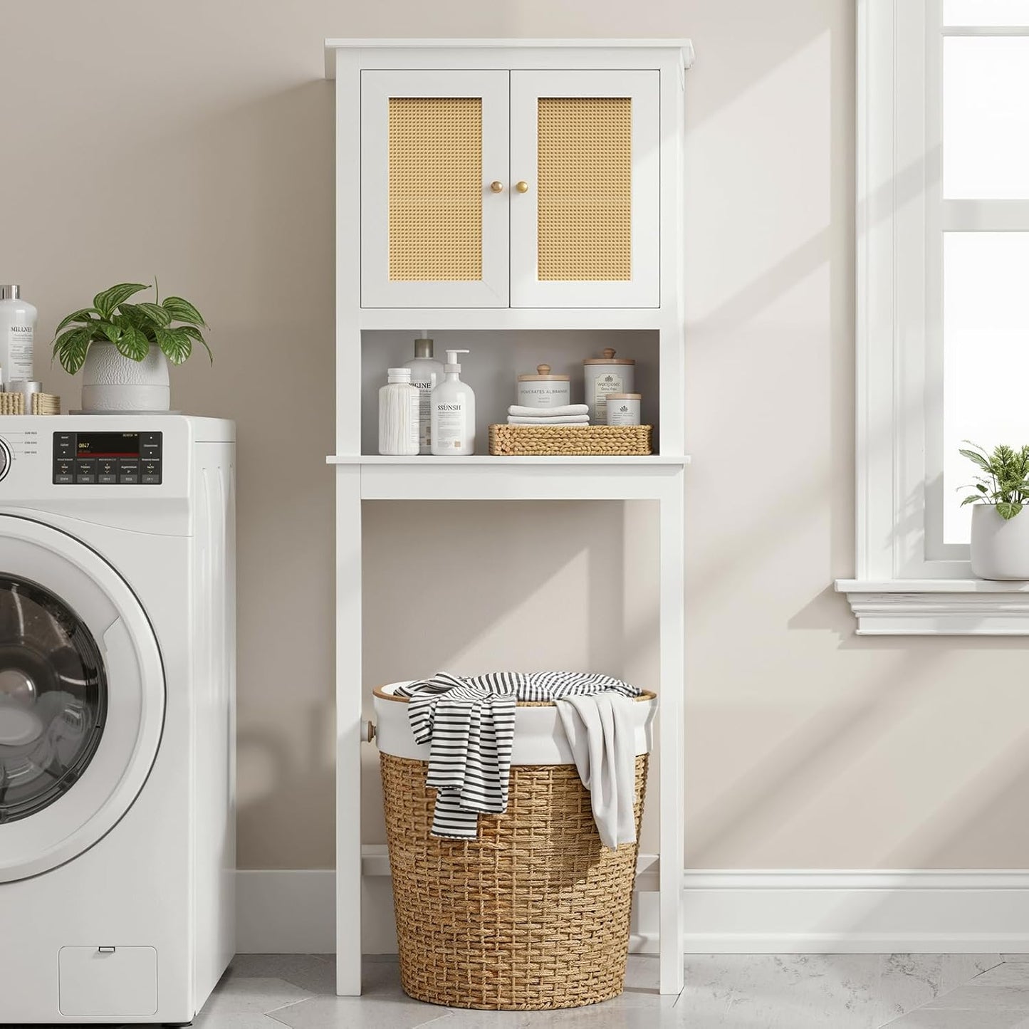 Over The Toilet Storage Cabinet, 3-Tier Bathroom Organizer with Rattan Door, Wooden Space Saver for Restroom, Bathroom, Laundry