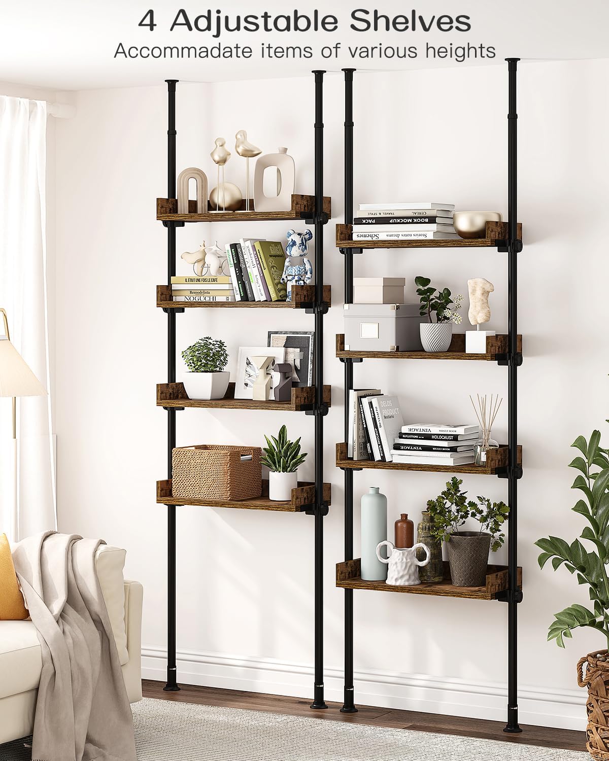 ALLZONE Bathroom Organizer, Over The Toilet Storage, 4-Tier Adjustable Wood Shelves for Small Rooms, Saver Space Rack, 92 to 116 Inch Tall, Narrow Cabinet, Rustic Brown