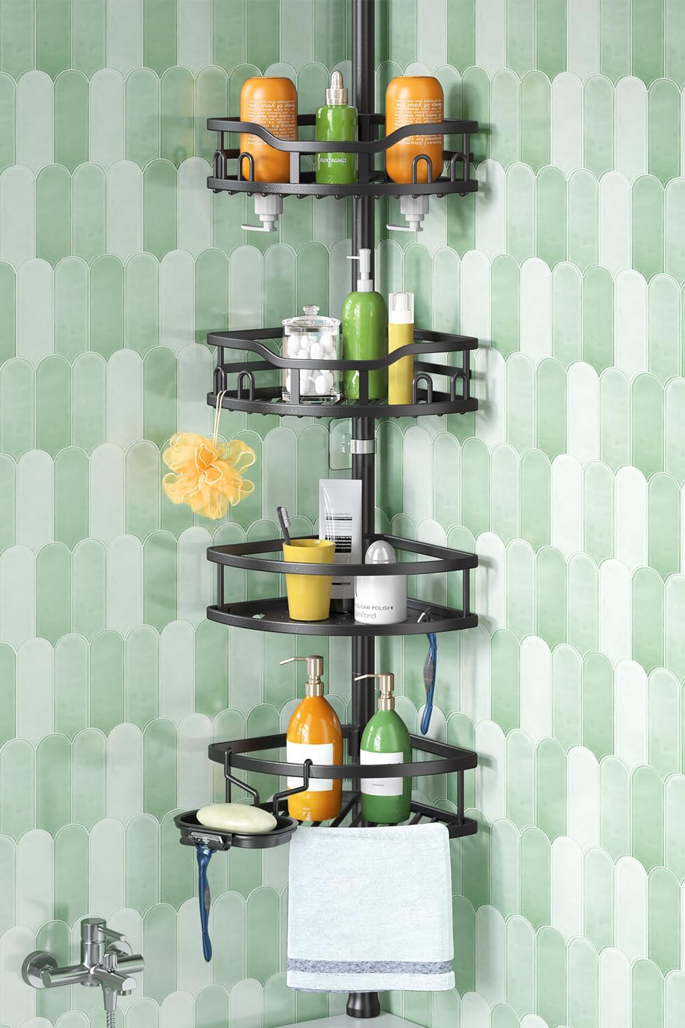 HAMITOR Corner Shower Caddy Tension Pole: Rustproof 4-Tier Bathroom Organizer Shelves for Bathtub Shampoo Storage - 47-121 Inch Quick Install Adjustable Rod Standing Rack with Soap Rack - Silver Gray