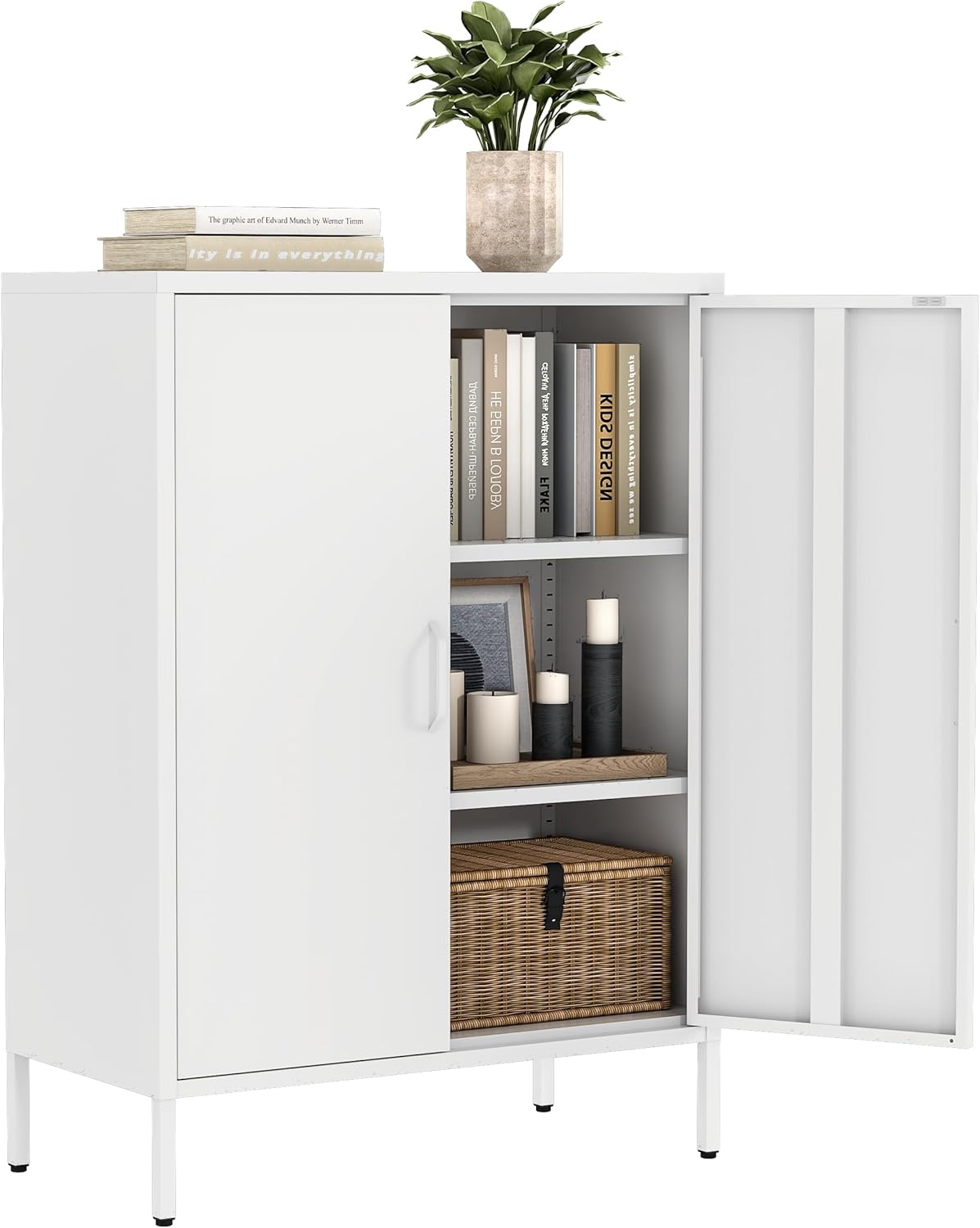 Metal Bathroom Floor Storage Cabinet,Small Storage Sideboard with 2 Doors and 2 Adjustable Shelves,Modern Storage Freestanding Organizer Rust-Proof Locker,Living Room,Hallway,White