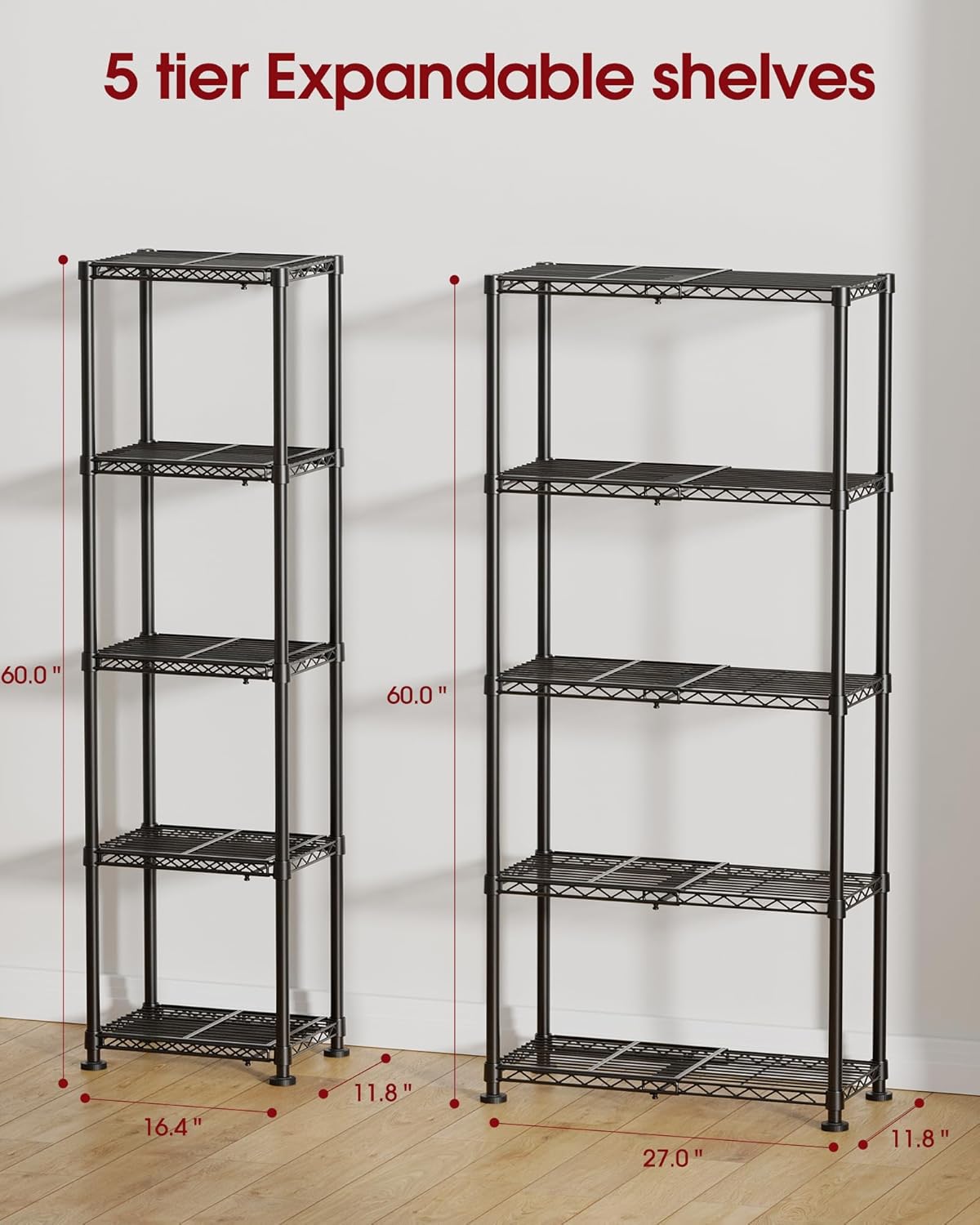 Storage Shelves - 5-Tier Width Expandable Shelf Organizer with Leveling Feet, Rust-Proof & Waterproof Wire Shelving Unit for Bedroom, Bathroom, Garage, 16.4"-27"×11.8"×60", Black