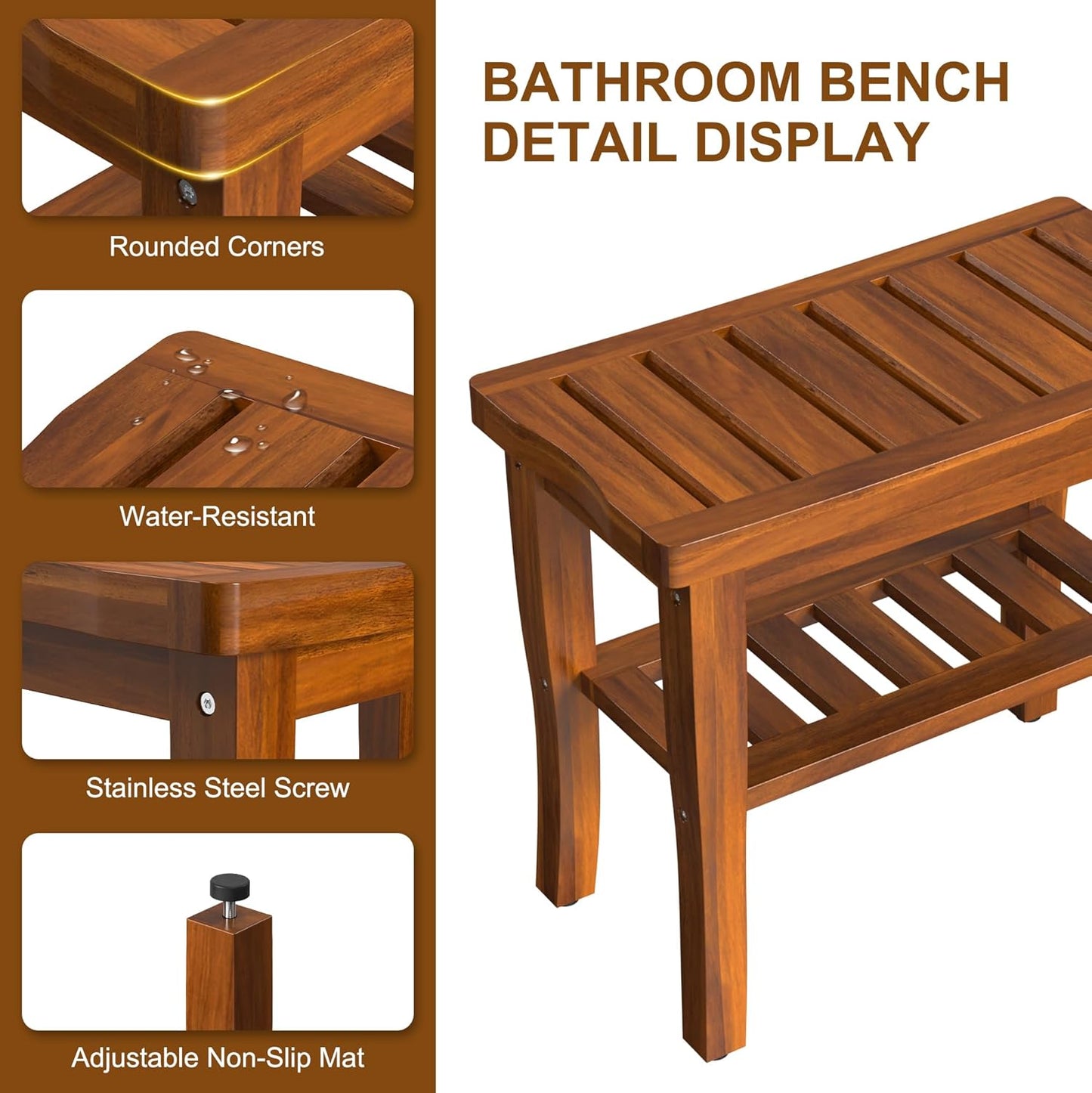 Teak Wood Shower Bench Stool with Storage Shelf, Wooden Waterproof Bathroom Spa Bathing Teak Shower Stool with Non-Slip Feet Gadget 2024 for Indoor or Outdoor Shower Chair Seat Organizer