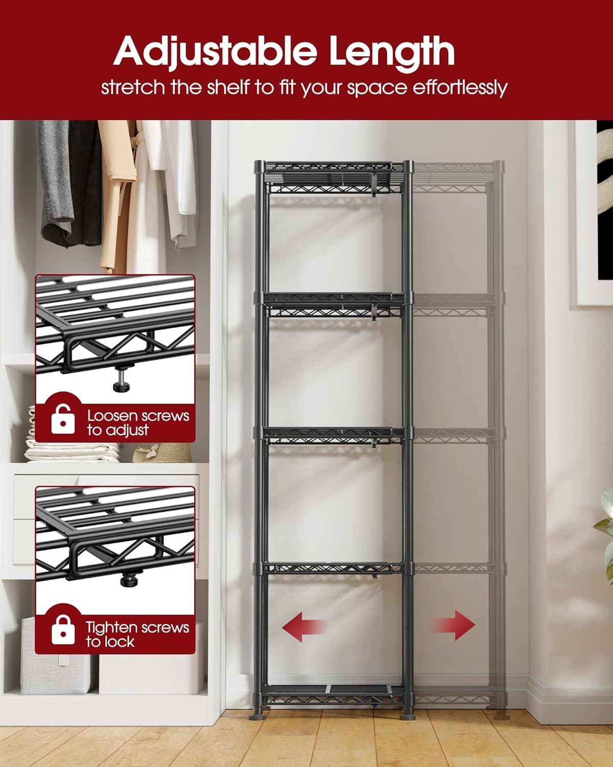 Storage Shelves - 5-Tier Width Expandable Shelf Organizer with Leveling Feet, Rust-Proof & Waterproof Wire Shelving Unit for Bedroom, Bathroom, Garage, 16.4"-27"×11.8"×60", Black