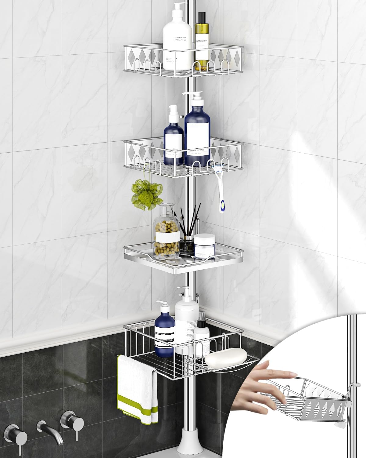 SElRIONE Corner Shower Caddy Tension Pole, Quick Setup, Rust-Free Bathroom Shower Organizer Corner for Bathtub Shampoo Storage, 4-Tier Adjustable Shelf, Drill Free, Fits 34 to 116 Inch Height
