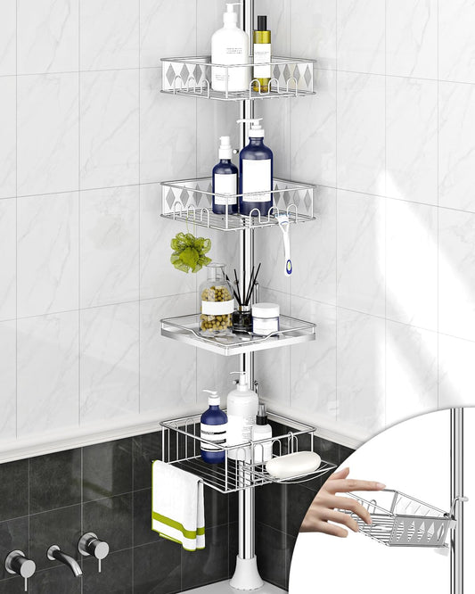 SElRIONE Corner Shower Caddy Tension Pole, Quick Setup, Rust-Free Bathroom Shower Organizer Corner for Bathtub Shampoo Storage, 4-Tier Adjustable Shelf, Drill Free, Fits 34 to 116 Inch Height