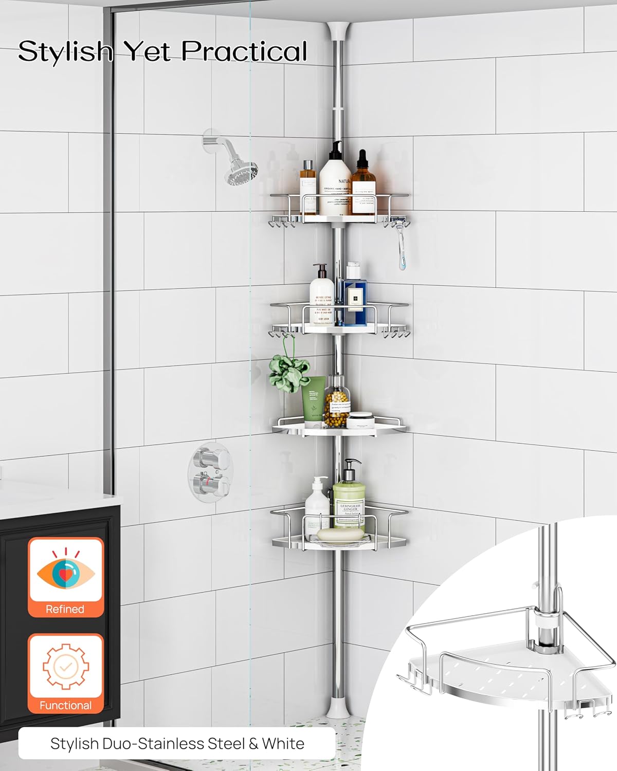 ALLZONE Corner Shower Caddy Tension Pole – Upgraded Rust-Free Stainless Steel Shower Organizer with Adjustable Storage Shelves, Drill-Free Installation, Quick Setup, Extends from 34 to 116 Inches