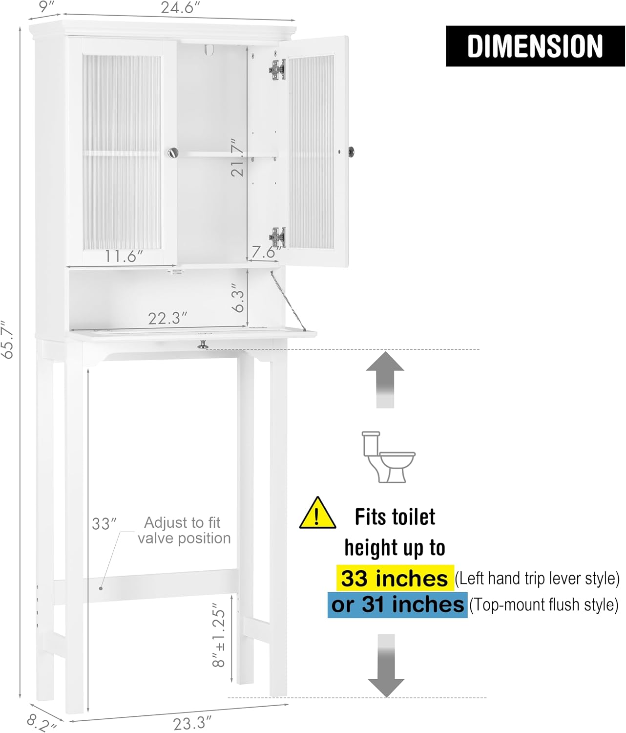 Spirich Over The Toilet Storage Cabinet with Muro Glass Doors, Over Toilet Bathroom Organizer with Tilt-Out Cube and Adjustable Shelf, White