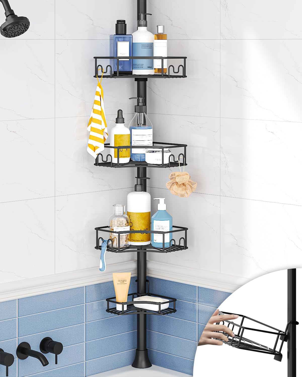 SElRIONE Corner Shower Caddy Tension Pole, Quick Setup, Rust-Free Bathroom Shower Organizer Corner for Bathtub Shampoo Storage, 4-Tier Adjustable Shelf, Drill Free, Fits 34 to 116 Inch Height