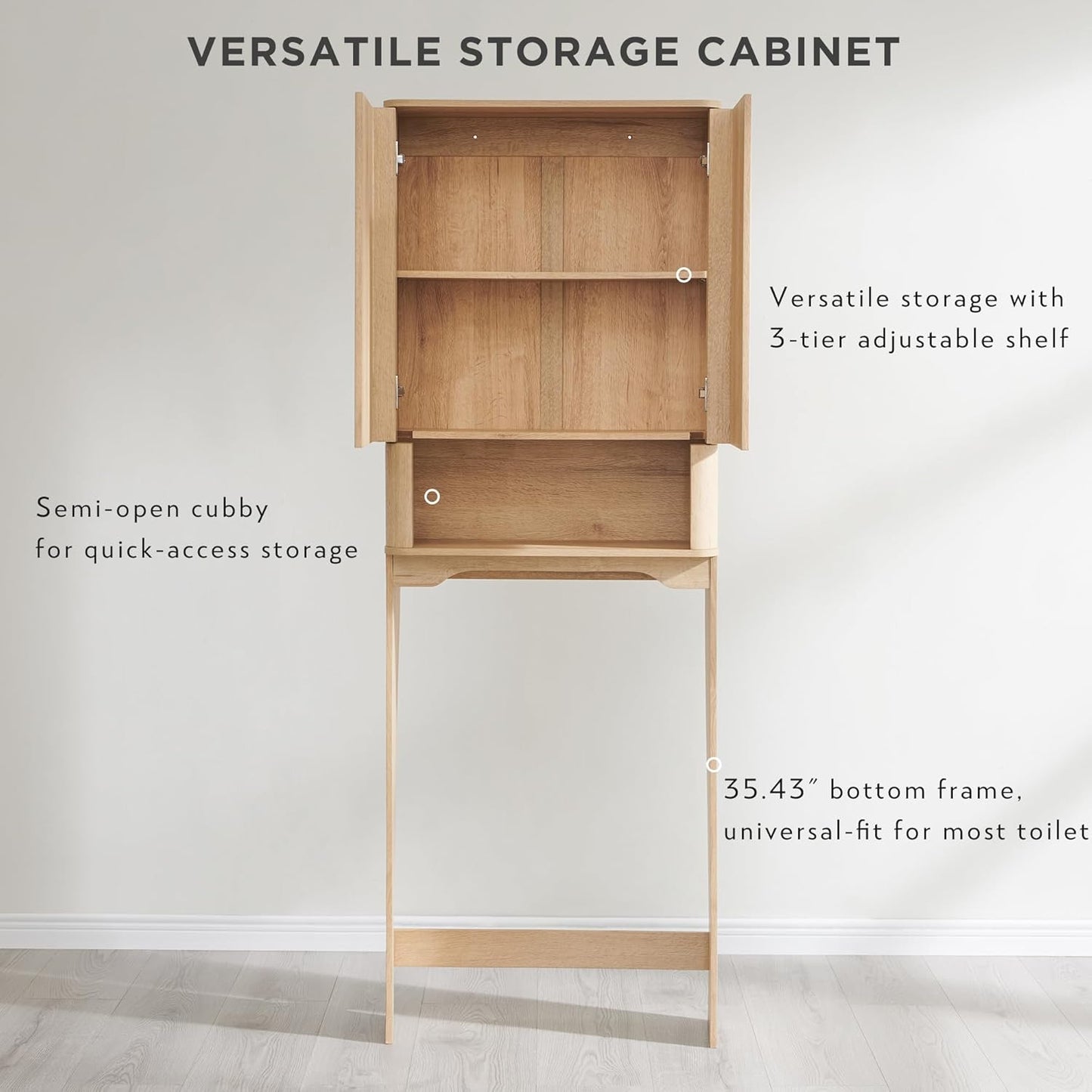 ACCOHOHO Modern Over The Toilet Storage Cabinet with Adjustable Shelf & Handle-Less Double Doors, 67 Inch Tall Wooden Bathroom Cabinet, Natural Oak