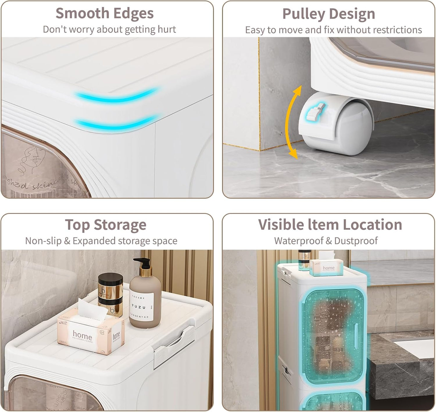 KHNR 4-Tiers Slim Bathroom Storage Cabinet, Foldable Storage Cabinets,Narrow Bathroom Storage,Movable Bathroom Storage Organizer for Small Spaces,Bathroom,Kitchen,Laundry,White