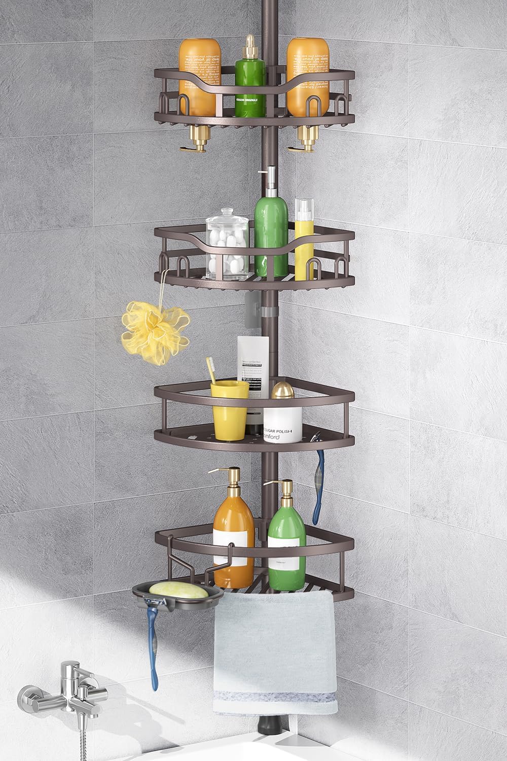 HAMITOR Corner Shower Caddy Tension Pole: Rustproof 4-Tier Bathroom Organizer Shelves for Bathtub Shampoo Storage - 47-121 Inch Quick Install Adjustable Rod Standing Rack with Soap Rack - Silver Gray