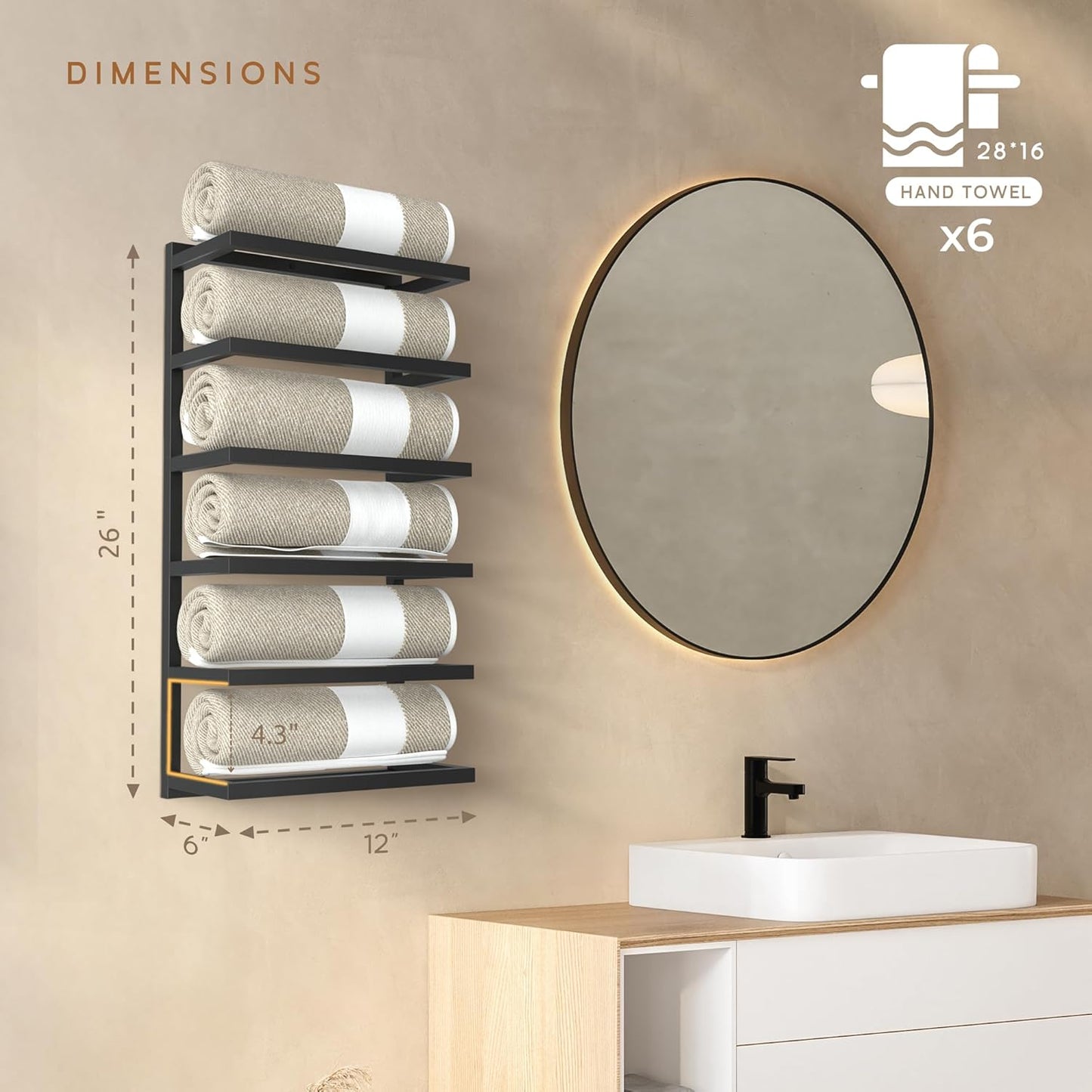 Modern 5-Tier/6-Tier Towel Rack - Wall-Mounted Black Metal Towel Shelf for Bathroom, Space-Saving Storage for Towels, Organizers, and Home Decor (6-Tier)