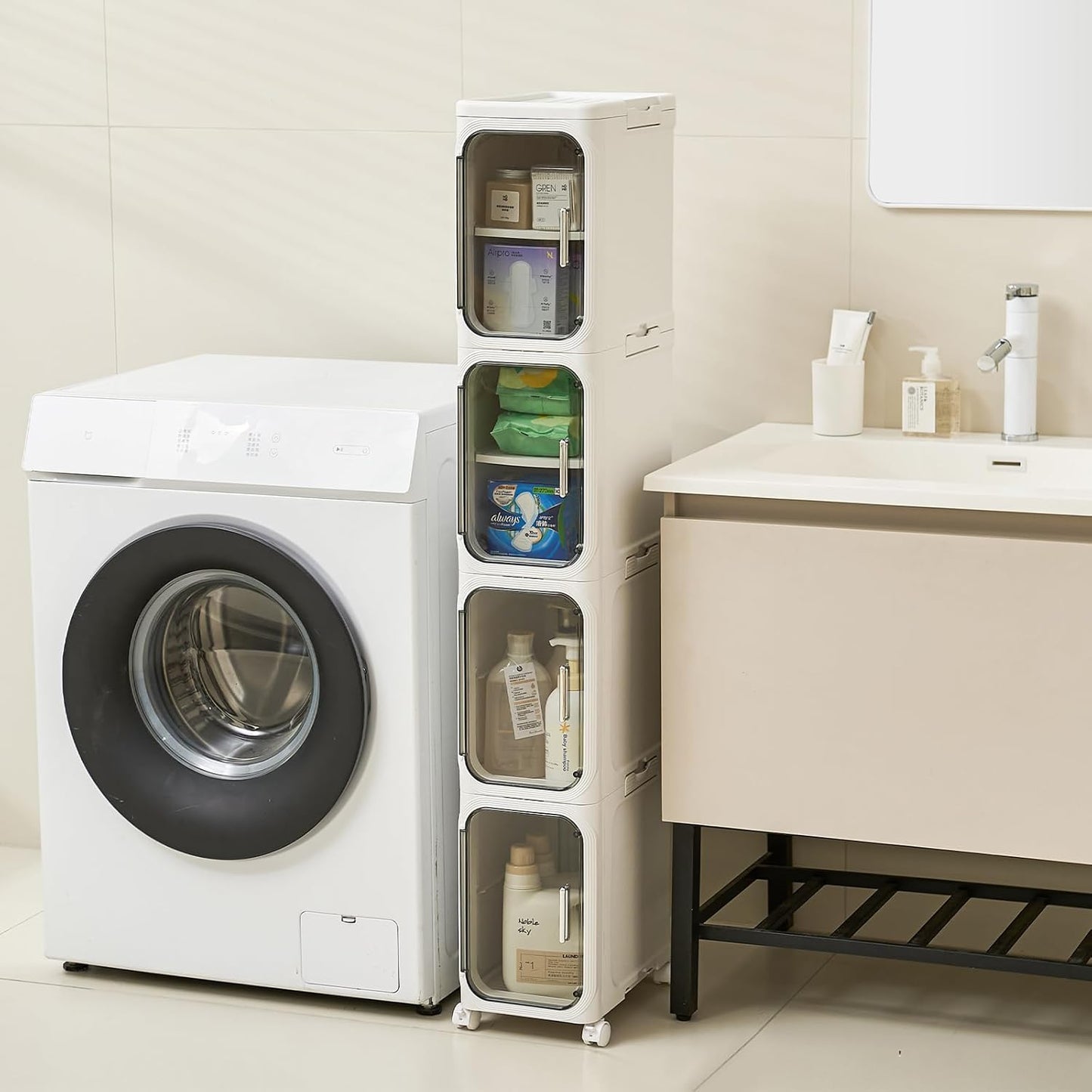 4-Tier Narrow Storage Cabinet with Magnetic Doors and Shelves, Plastic Slim Bathroom Organizers and Storage with Wheels for Small Spaces Bathroom, Kitchen, Laundry Room, White
