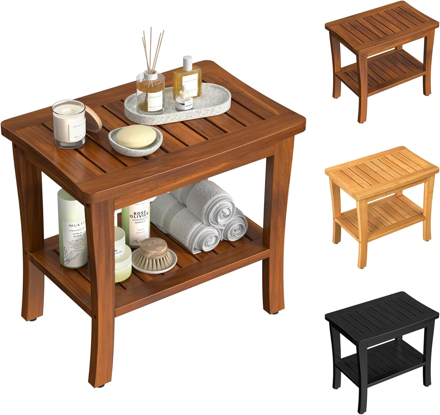Teak Wood Shower Bench Stool with Storage Shelf, Wooden Waterproof Bathroom Spa Bathing Teak Shower Stool with Non-Slip Feet Gadget 2024 for Indoor or Outdoor Shower Chair Seat Organizer
