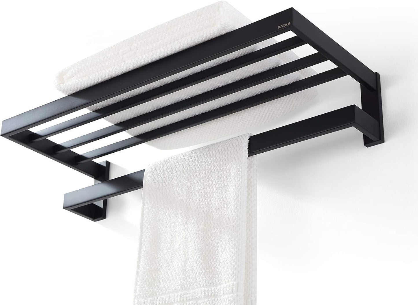 Towel Racks for Bathroom, Square Modern Hotel Style Towel Shelf with Towel Bar, Bath Towel Holder Wall Mounted, 24Inch, Matte Black, No Assembly, 073100-MB Ler Series