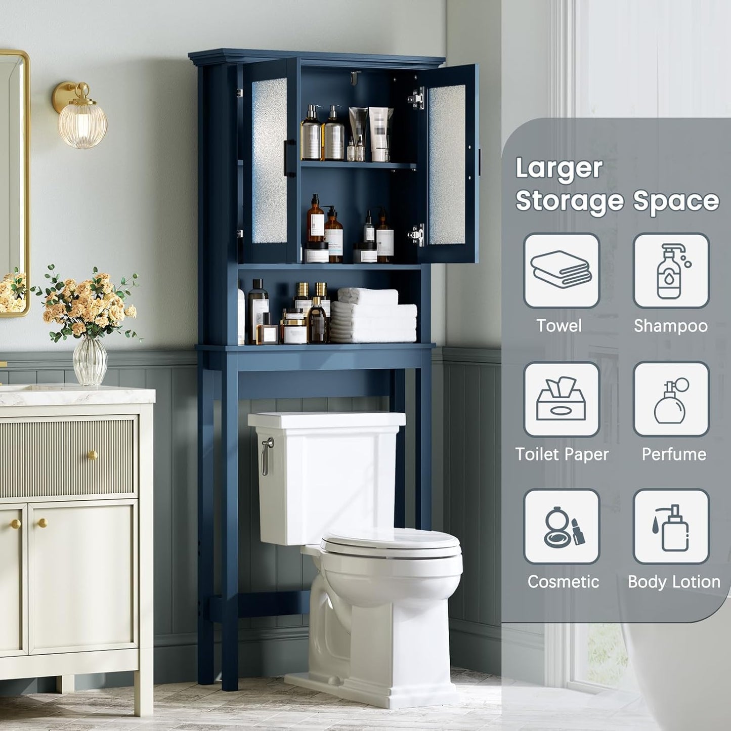 Over The Toilet Storage Cabinet, Over Toilet Storage Bathroom Cabinet with Glass Door and Adjustable Shelf, Above The Toilet Cabinet Behind Toilet Bathroom Organizer, Ultramarine