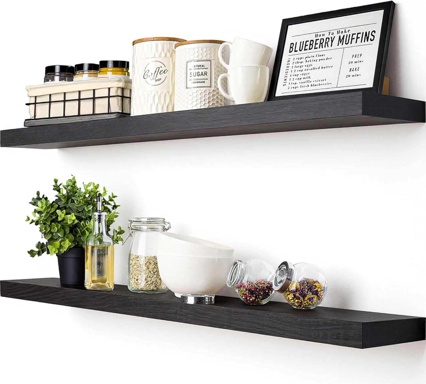 BAOBAB WORKSHOP Wood Floating Shelves Set of 2 - Rustic Shelf 24 inch - Floating Shelf for Wall Mounted - Wide Wooden Wall Shelves for Living Room Bedroom Kitchen Bathroom - Dark Walnut - 24W x 6.7D