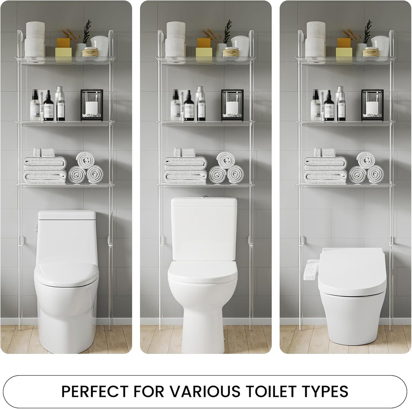 Sumerflos Acrylic Over The Toilet Storage Shelf - 3 Tier Clear Over-The-Toilet Bathroom Organizer Rack Above Toilet Shelves Standing for Bathroom Living Room Bedroom Modern