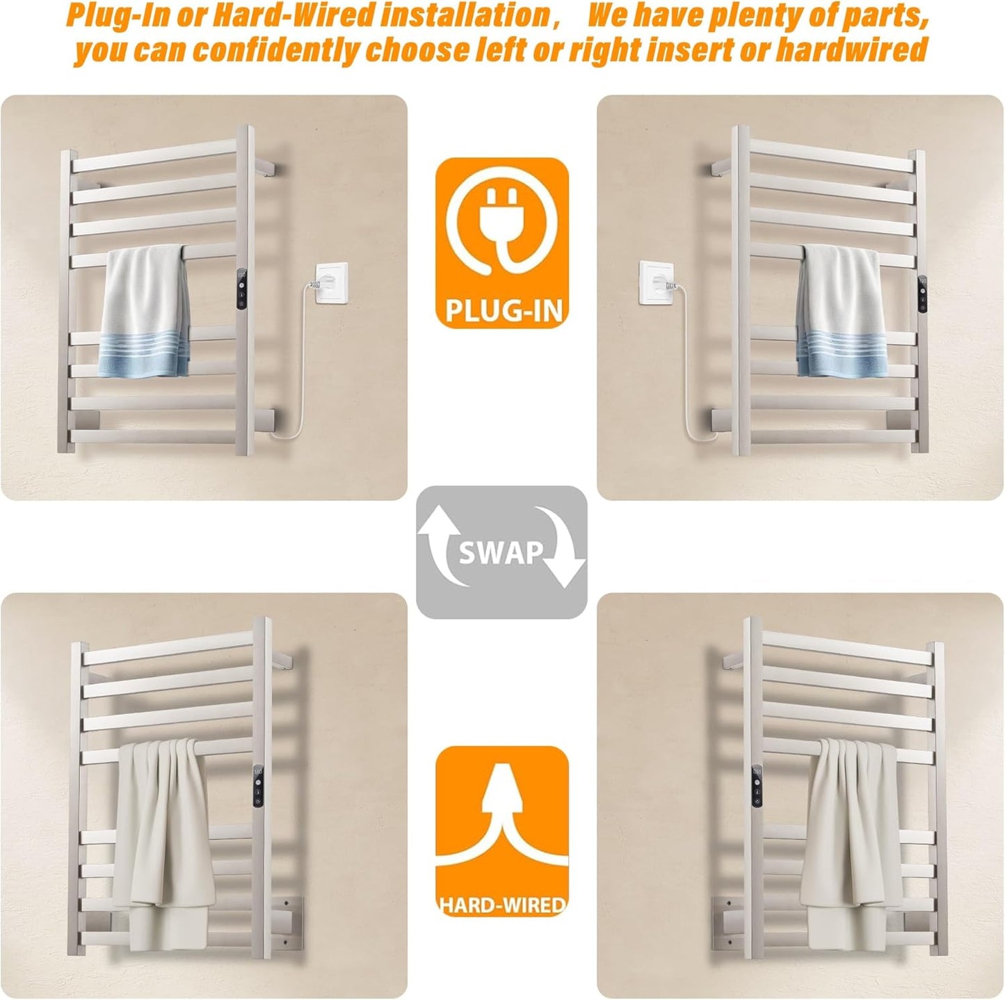 Towel Warmer Brushed Heated Towel Rack for Bathroom Wall Mounted Electric Towel Dryer Rack with Temperature Control and 24 Timer Plug-in/Hardwired