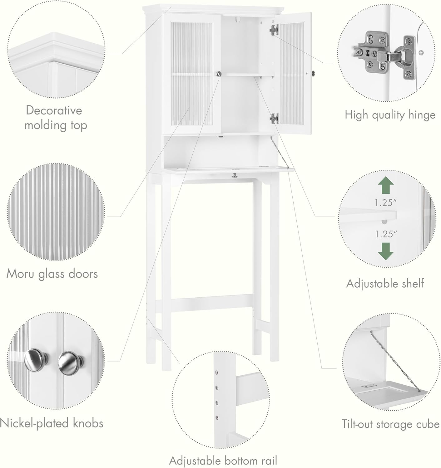 Spirich Over The Toilet Storage Cabinet with Muro Glass Doors, Over Toilet Bathroom Organizer with Tilt-Out Cube and Adjustable Shelf, White