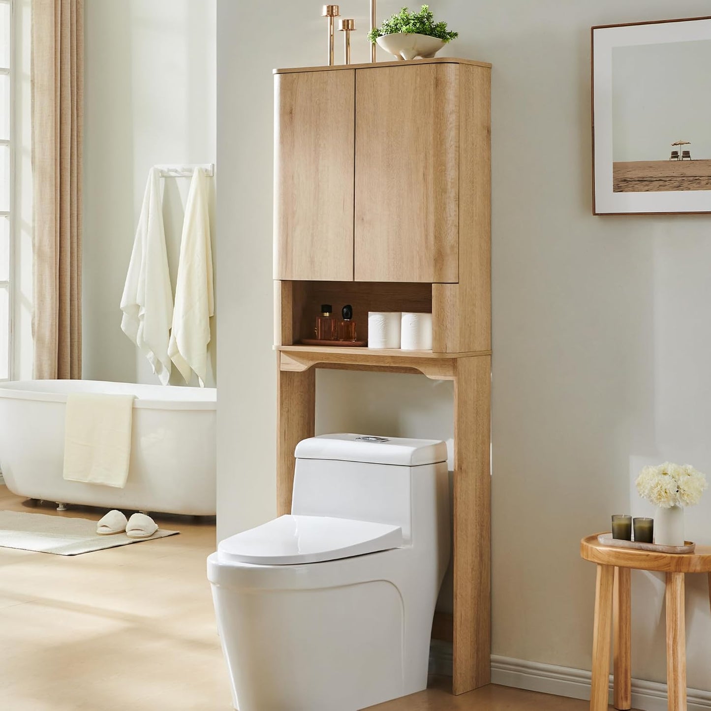 ACCOHOHO Modern Over The Toilet Storage Cabinet with Adjustable Shelf & Handle-Less Double Doors, 67 Inch Tall Wooden Bathroom Cabinet, Natural Oak