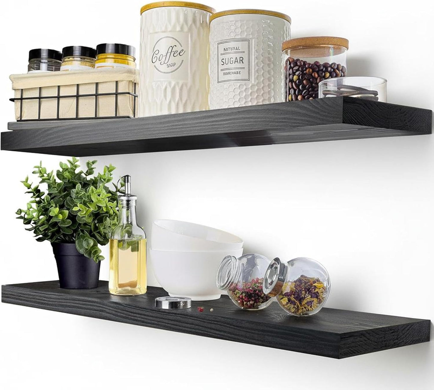 BAOBAB WORKSHOP Wood Floating Shelves Set of 2 - Rustic Shelf 24 inch - Floating Shelf for Wall Mounted - Wide Wooden Wall Shelves for Living Room Bedroom Kitchen Bathroom - Dark Walnut - 24W x 6.7D