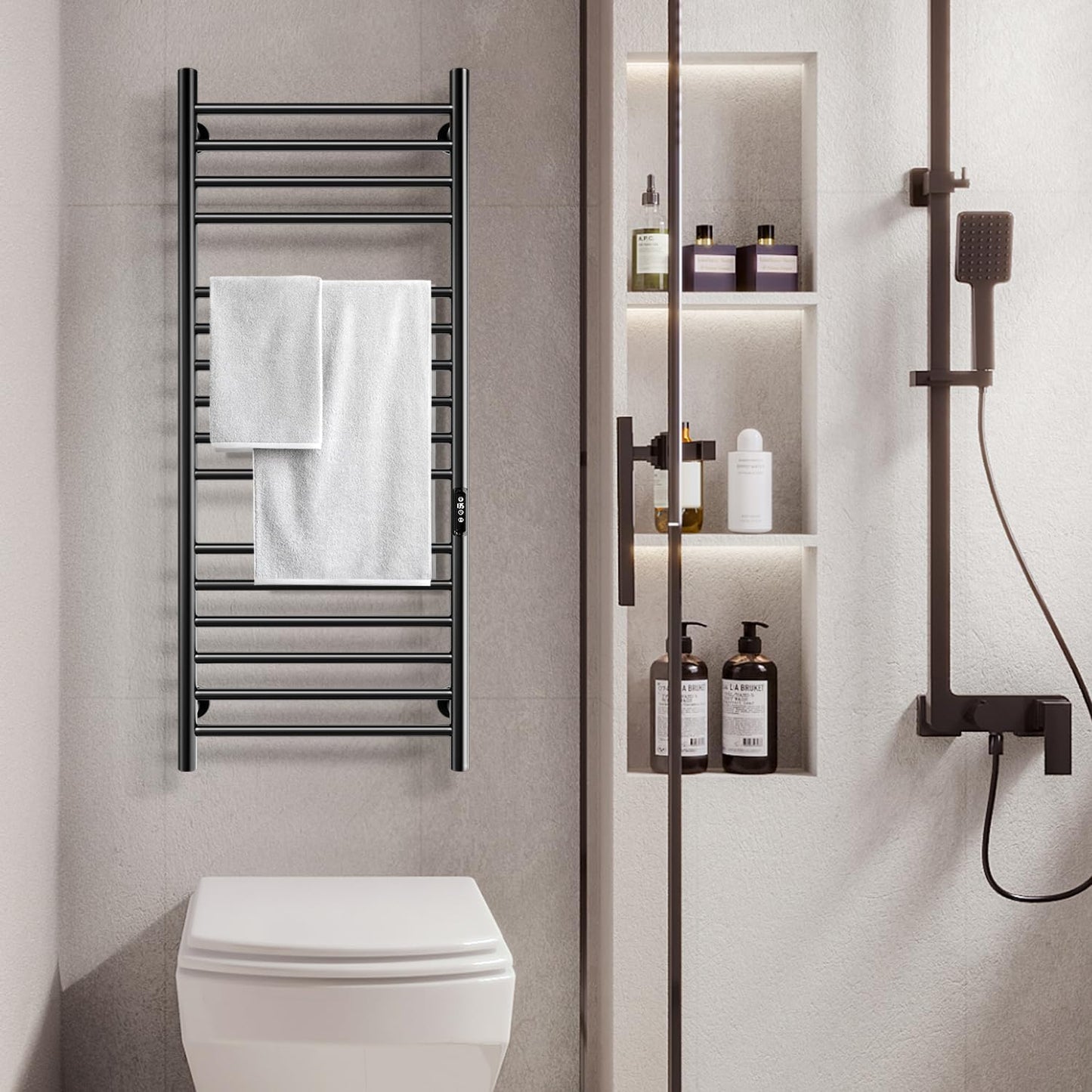 Towel Warmer, Towel Heater Rack for Bathroom,16 Bars Electric Towel Dryer Wall-Mounted Plug-in Bath Heater, Stainless Steel Hot Towel Rack with Timer and Smart Temperature Control- Black