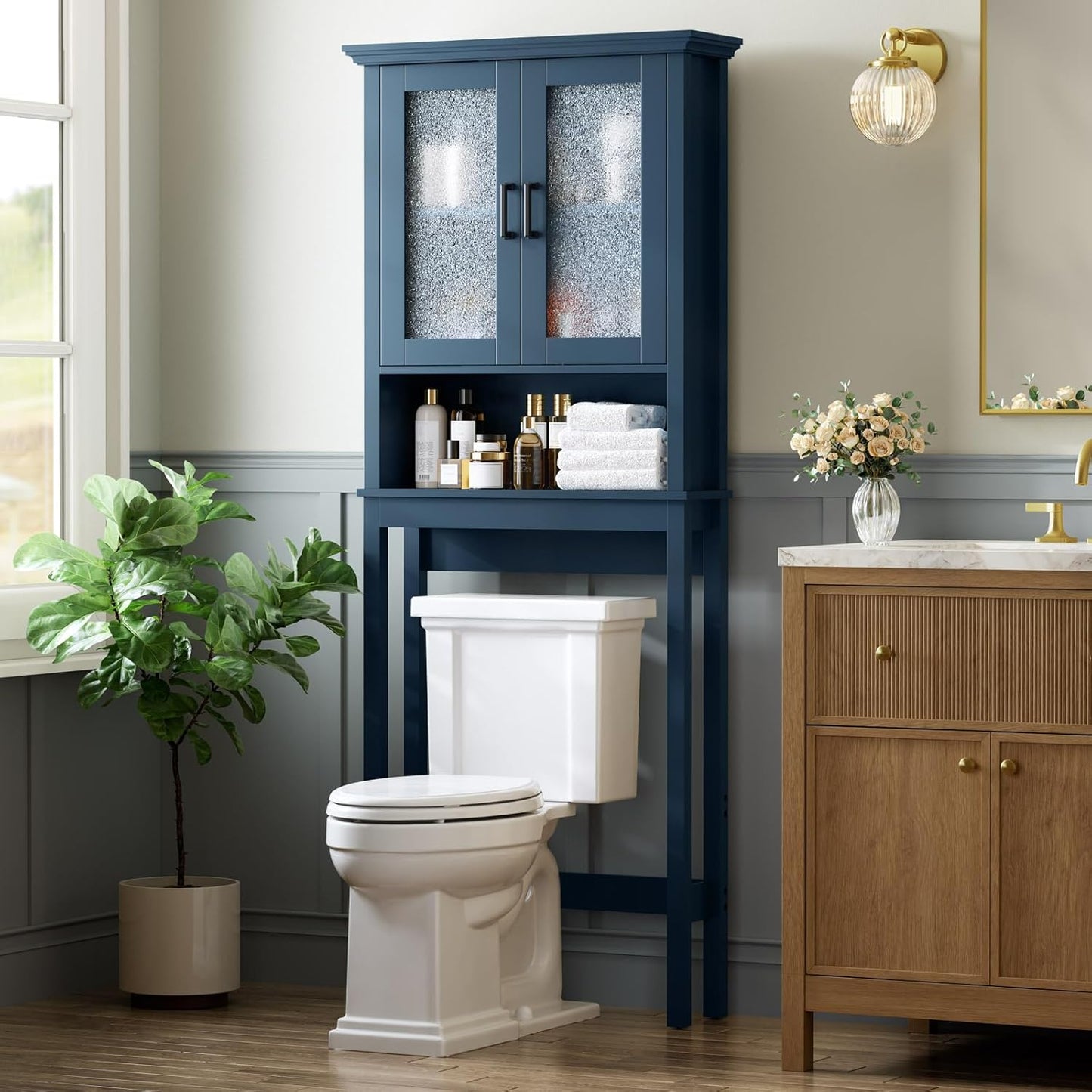 Over The Toilet Storage Cabinet, Over Toilet Storage Bathroom Cabinet with Glass Door and Adjustable Shelf, Above The Toilet Cabinet Behind Toilet Bathroom Organizer, Ultramarine