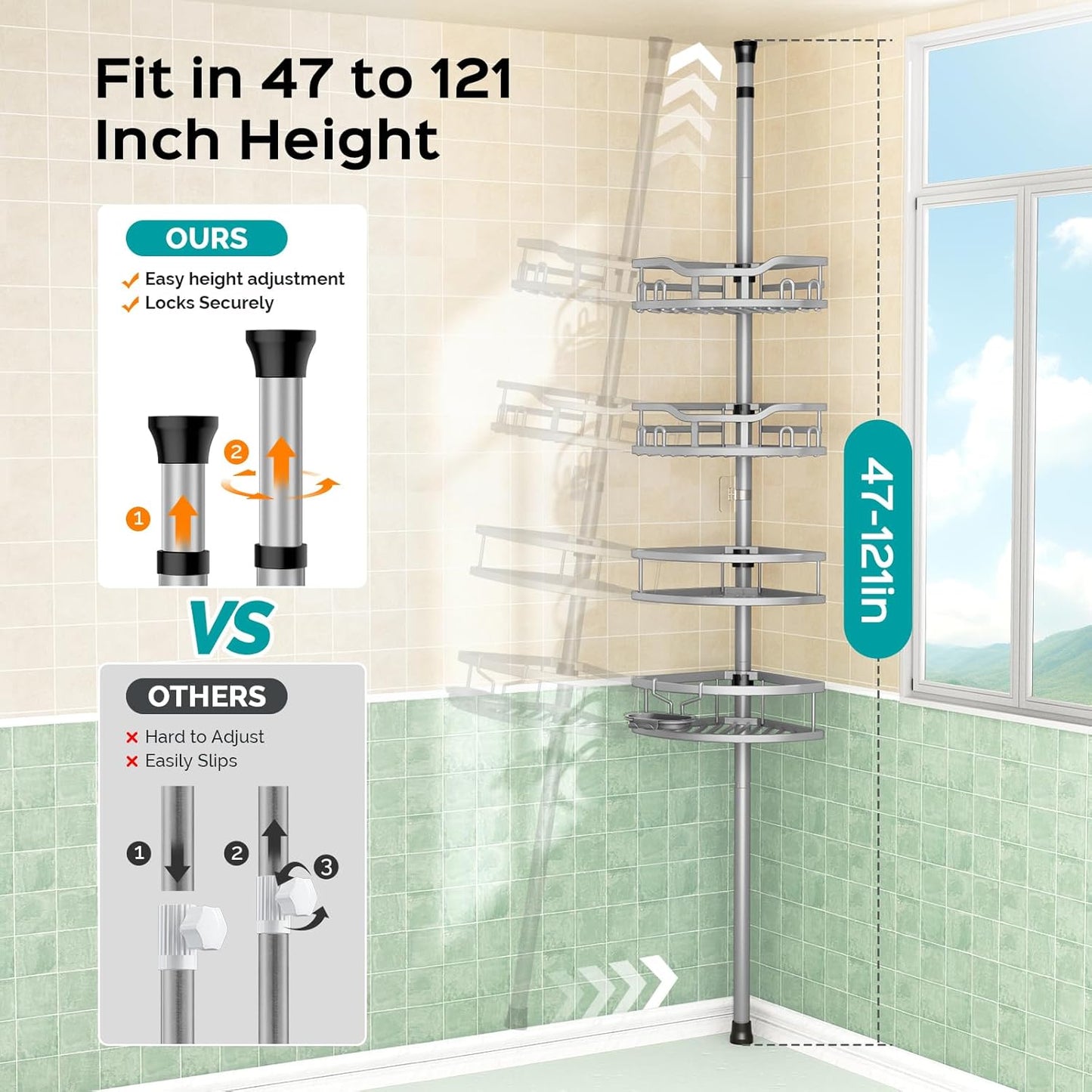 HAMITOR Corner Shower Caddy Tension Pole: Rustproof 4-Tier Bathroom Organizer Shelves for Bathtub Shampoo Storage - 47-121 Inch Quick Install Adjustable Rod Standing Rack with Soap Rack - Silver Gray