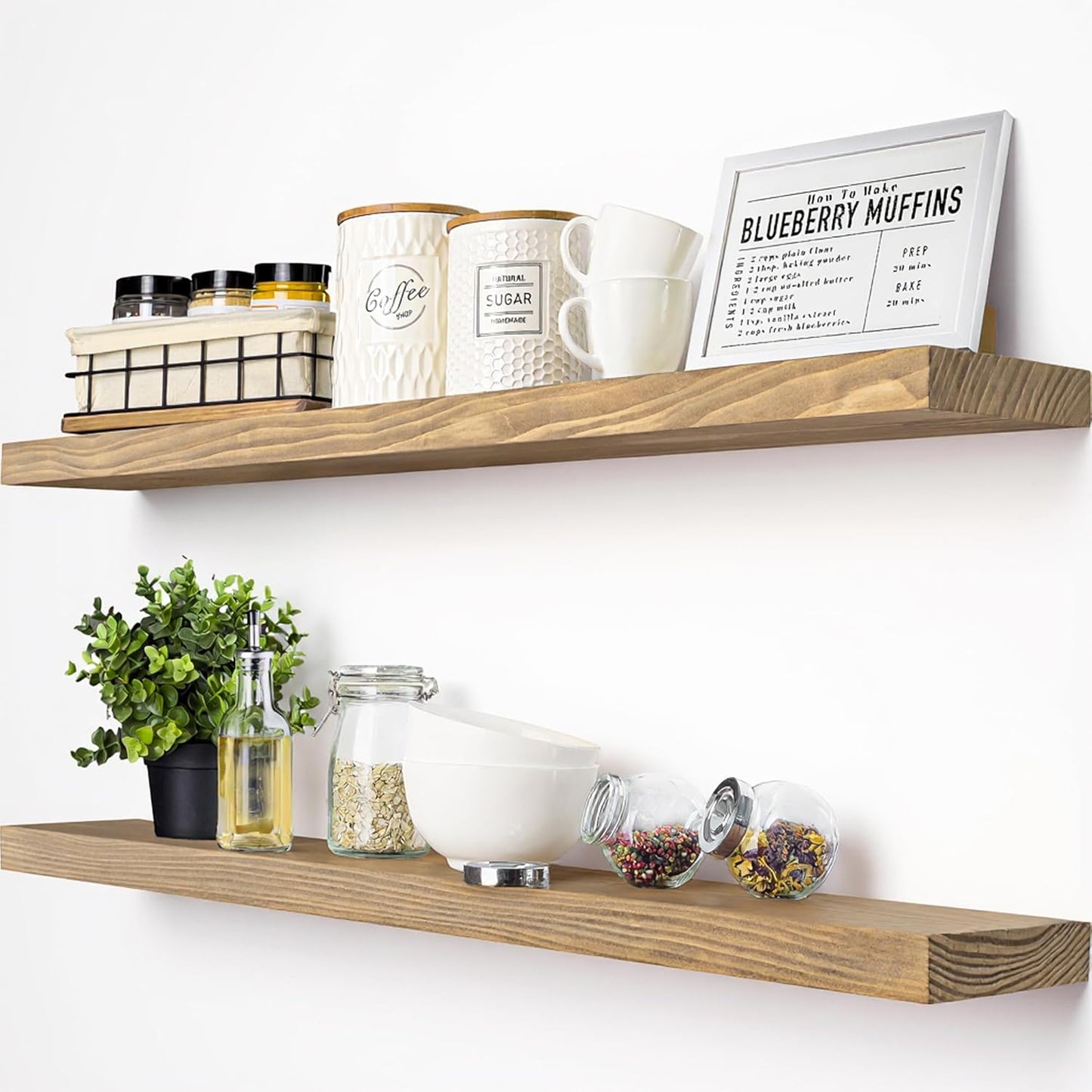 BAOBAB WORKSHOP Wood Floating Shelves Set of 2 - Rustic Shelf 24 inch - Floating Shelf for Wall Mounted - Wide Wooden Wall Shelves for Living Room Bedroom Kitchen Bathroom - Dark Walnut - 24W x 6.7D