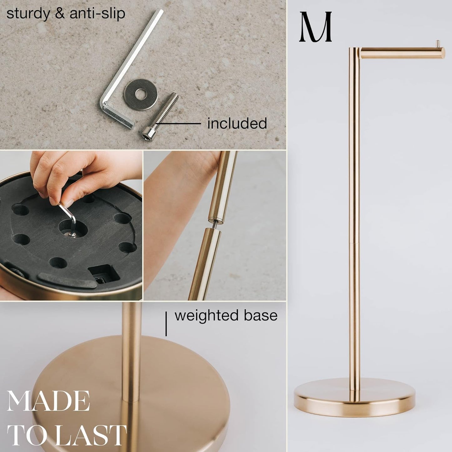 MARMOLUX ACC Free Standing Toilet Paper Holder Stand with Storage for 4 Rolls of Toilet Tissue for Bathroom, Stainless Steel Luxury Brushed Gold, 1pc - Bathroom Sets - Toilet Paper Storage