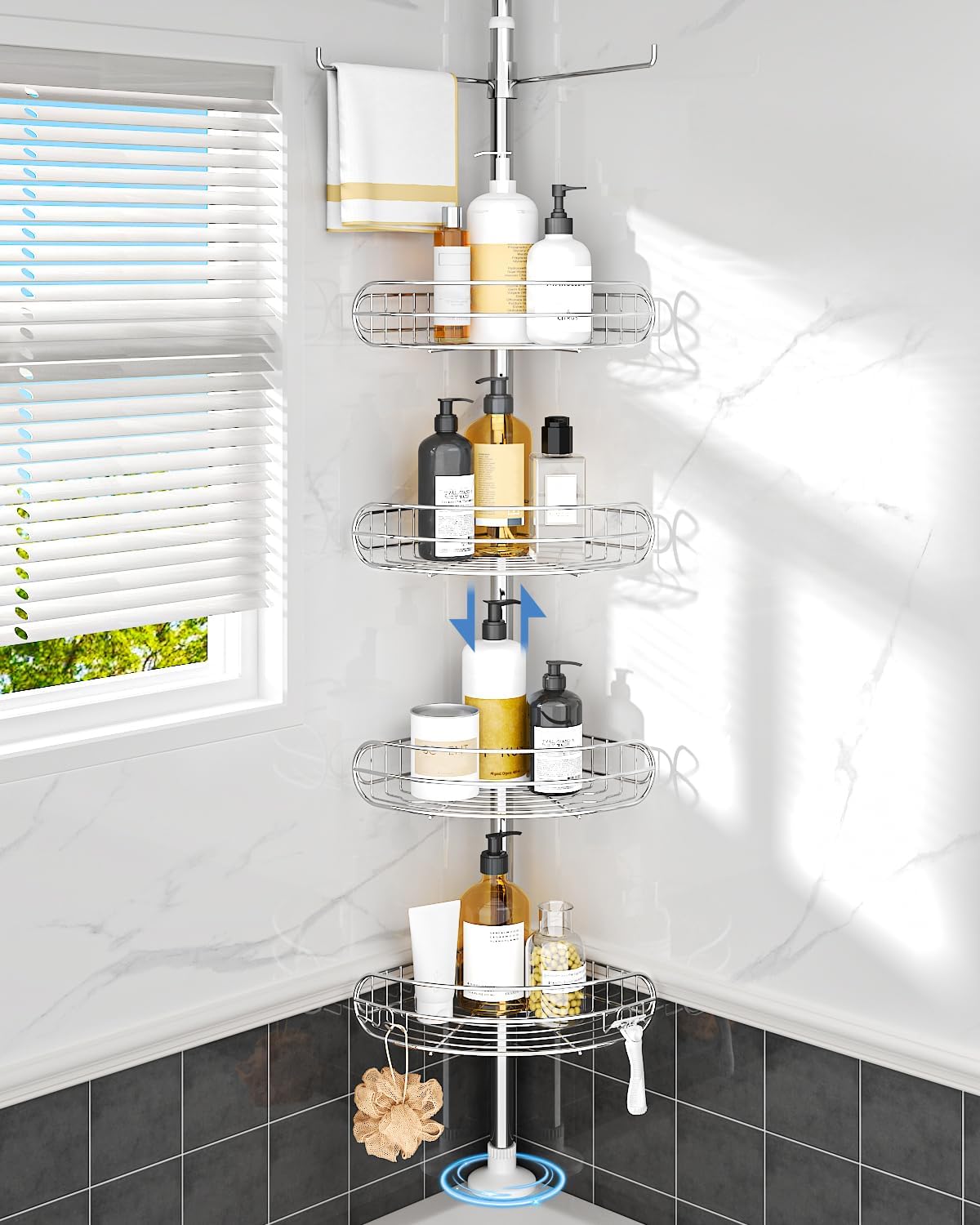 ALLZONE Corner Shower Caddy Tension Pole, Quick to Install, Easy to Adjust, Rust-Free Stainless Steel Shower Organizer Corner and Storage Shelves, Drill Free, Extends from 34 up to 116 Inch Tall